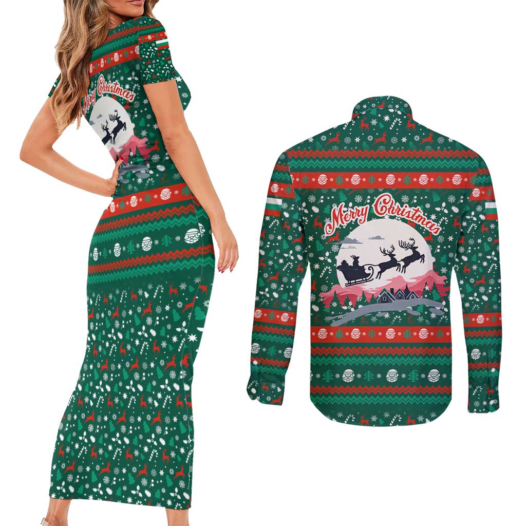 Bulgaria Christmas Couples Matching Short Sleeve Bodycon Dress and Long Sleeve Button Shirt with Green-Red Theme, Golden Lion, and Santa Sleigh Motif - Wonder Print Shop