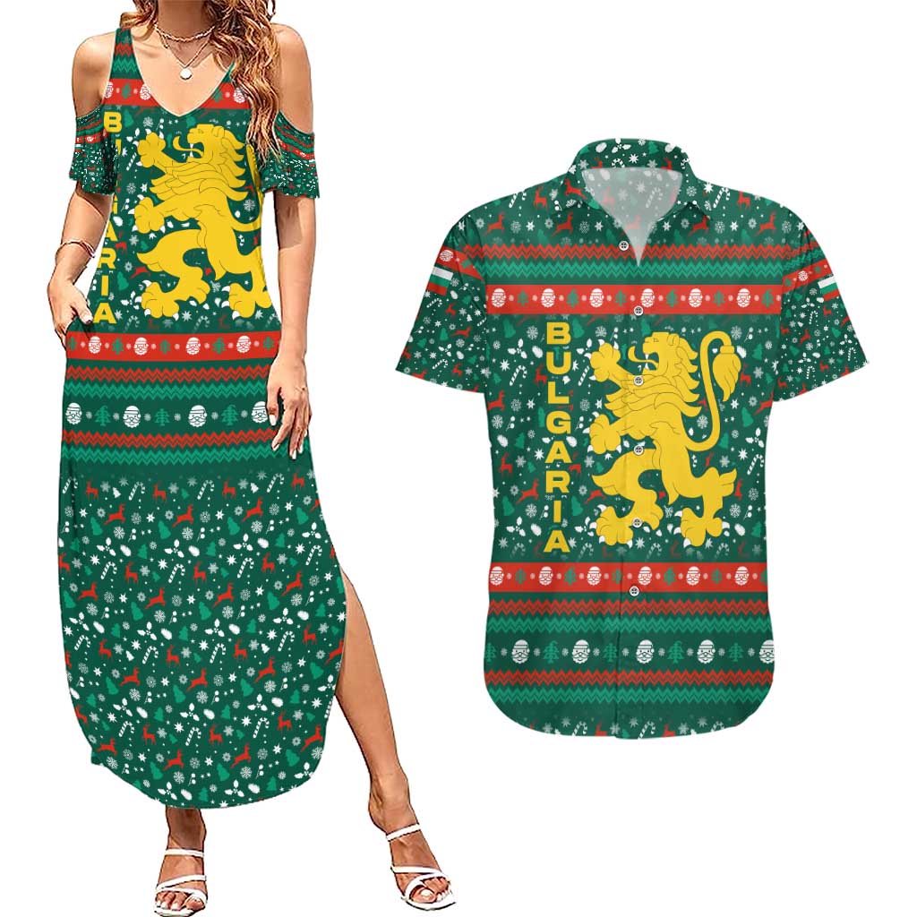 Bulgaria Christmas Couples Matching Summer Maxi Dress and Hawaiian Shirt with Green-Red Theme, Golden Lion, and Santa Sleigh Motif - Wonder Print Shop
