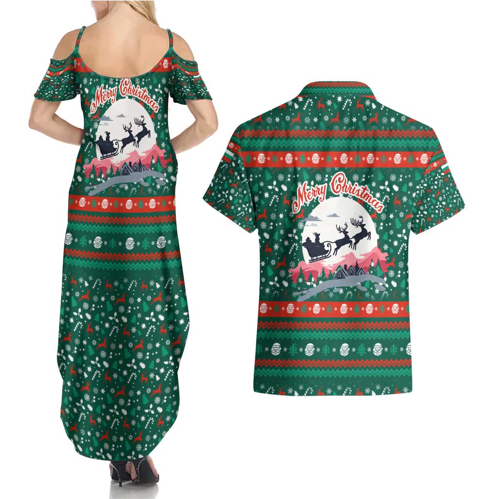 Bulgaria Christmas Couples Matching Summer Maxi Dress and Hawaiian Shirt with Green-Red Theme, Golden Lion, and Santa Sleigh Motif - Wonder Print Shop
