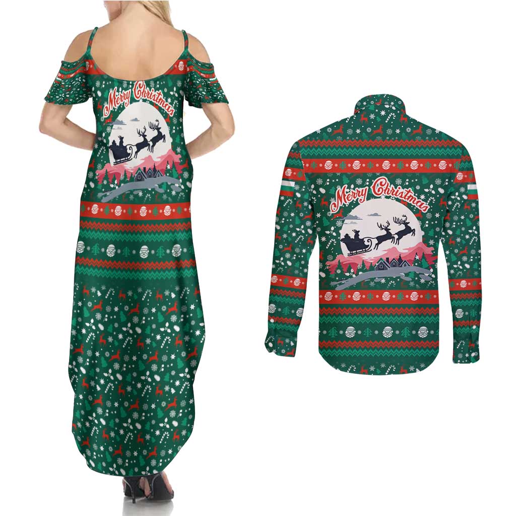 Bulgaria Christmas Couples Matching Summer Maxi Dress and Long Sleeve Button Shirt with Green-Red Theme, Golden Lion, and Santa Sleigh Motif - Wonder Print Shop