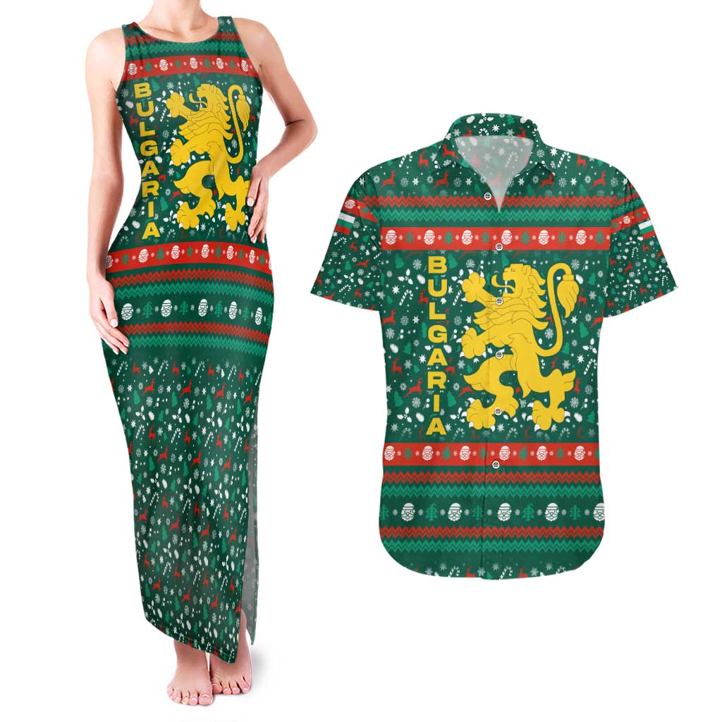 Bulgaria Christmas Couples Matching Tank Maxi Dress and Hawaiian Shirt with Green-Red Theme, Golden Lion, and Santa Sleigh Motif - Wonder Print Shop
