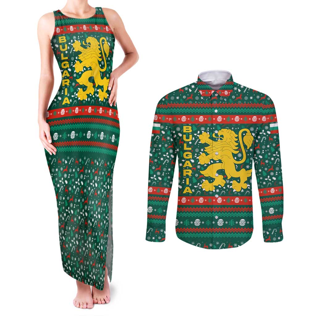Bulgaria Christmas Couples Matching Tank Maxi Dress and Long Sleeve Button Shirt with Green-Red Theme, Golden Lion, and Santa Sleigh Motif - Wonder Print Shop