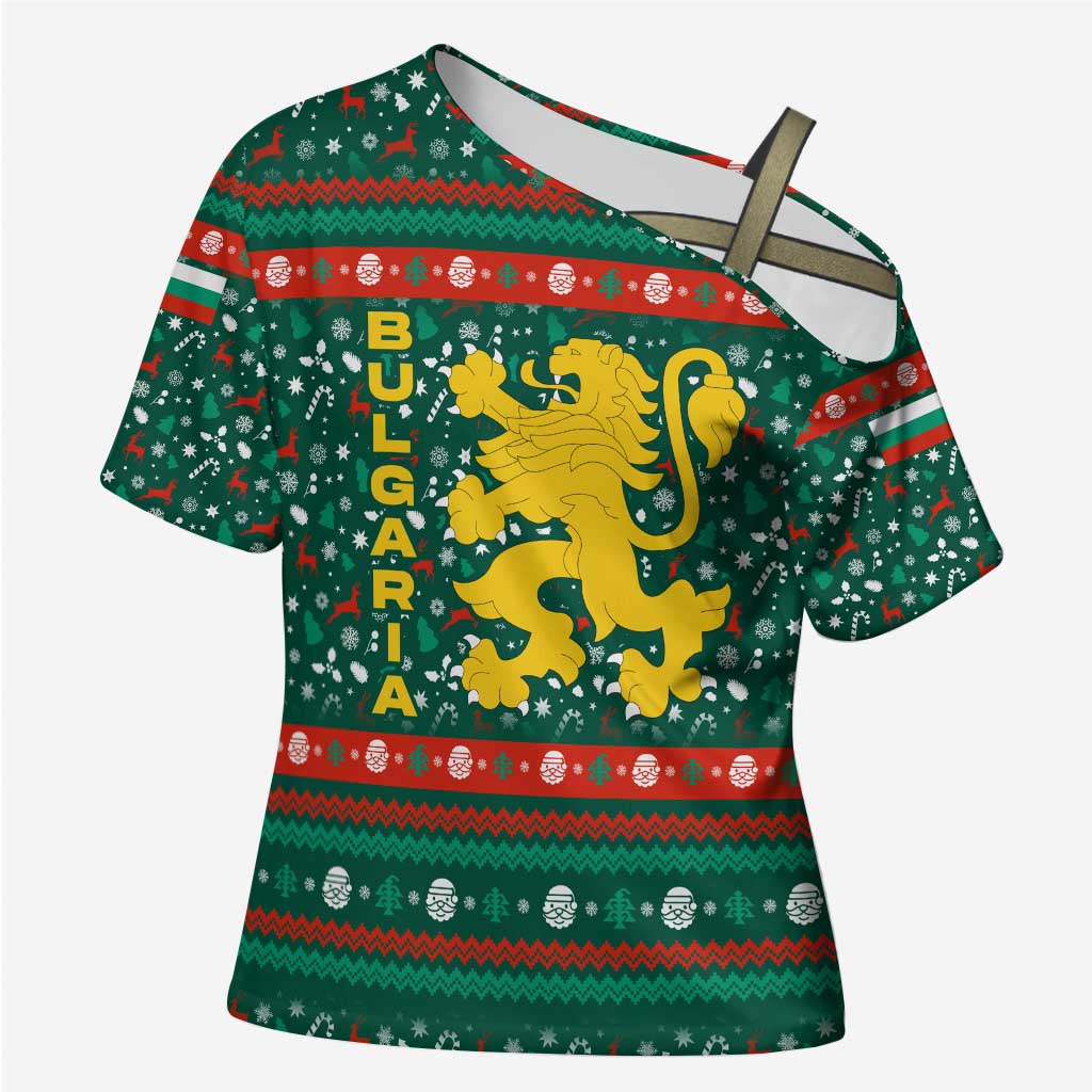Bulgaria Christmas Cross Shoulder Shirt with Green-Red Theme, Golden Lion, and Santa Sleigh Motif - Wonder Print Shop