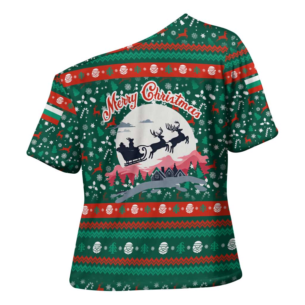 Bulgaria Christmas Cross Shoulder Shirt with Green-Red Theme, Golden Lion, and Santa Sleigh Motif - Wonder Print Shop