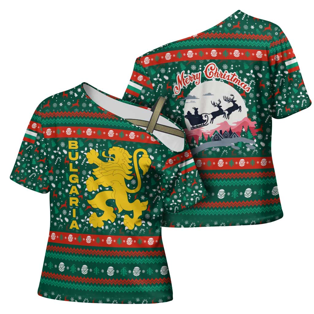 Bulgaria Christmas Cross Shoulder Shirt with Green-Red Theme, Golden Lion, and Santa Sleigh Motif - Wonder Print Shop