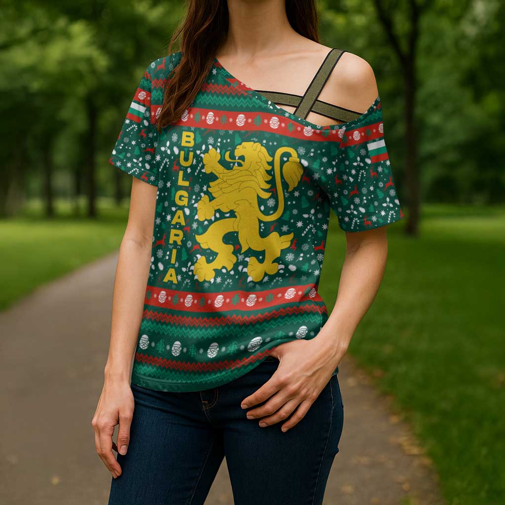 Bulgaria Christmas Cross Shoulder Shirt with Green-Red Theme, Golden Lion, and Santa Sleigh Motif - Wonder Print Shop