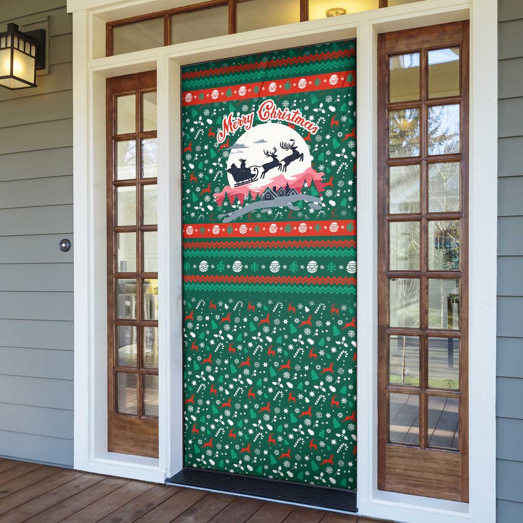 Bulgaria Christmas Door Cover with Green-Red Theme, Golden Lion, and Santa Sleigh Motif - Wonder Print Shop