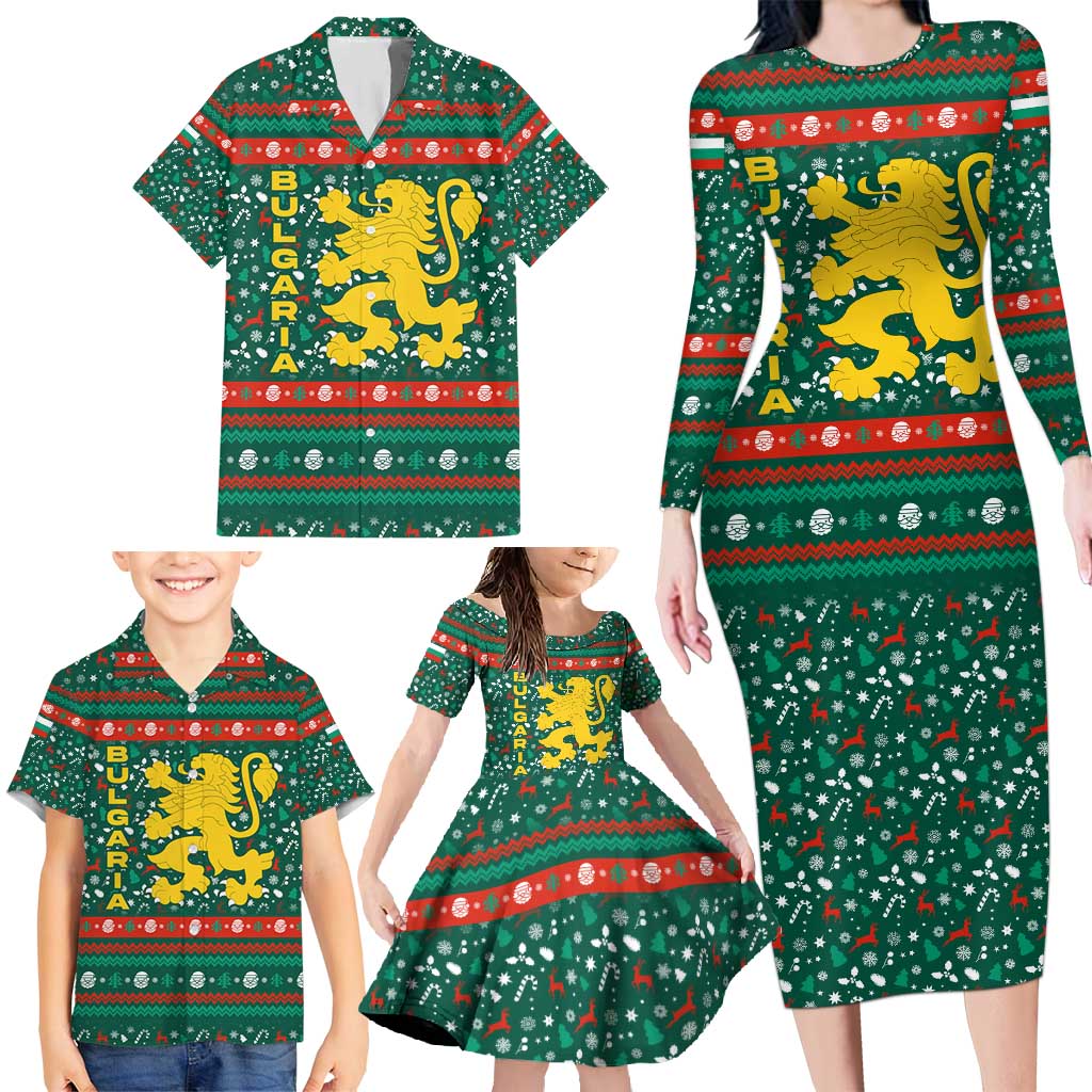 Bulgaria Christmas Family Matching Long Sleeve Bodycon Dress and Hawaiian Shirt with Green-Red Theme, Golden Lion, and Santa Sleigh Motif - Wonder Print Shop