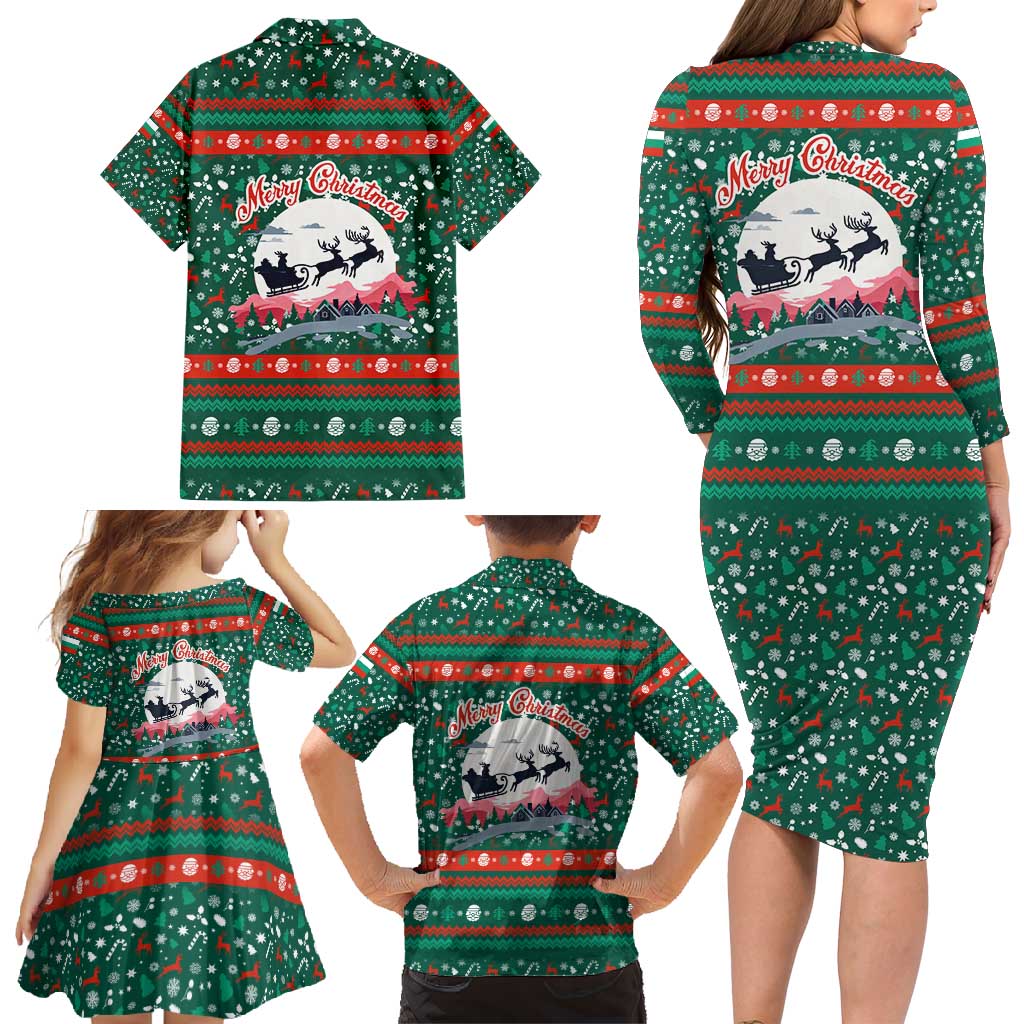 Bulgaria Christmas Family Matching Long Sleeve Bodycon Dress and Hawaiian Shirt with Green-Red Theme, Golden Lion, and Santa Sleigh Motif - Wonder Print Shop
