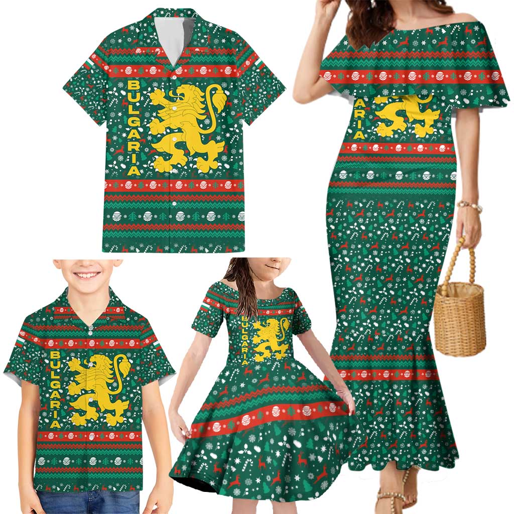 Bulgaria Christmas Family Matching Mermaid Dress and Hawaiian Shirt with Green-Red Theme, Golden Lion, and Santa Sleigh Motif - Wonder Print Shop
