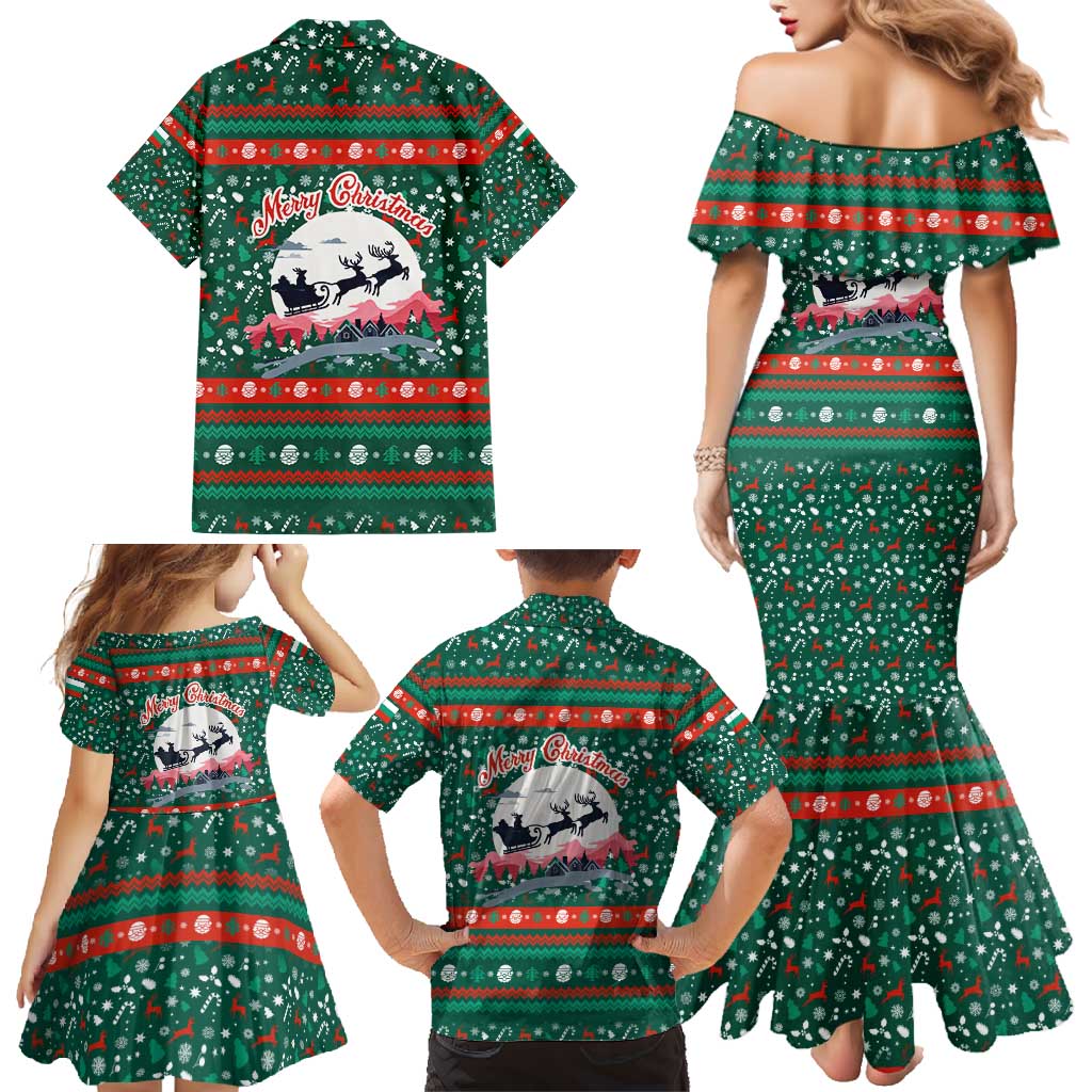 Bulgaria Christmas Family Matching Mermaid Dress and Hawaiian Shirt with Green-Red Theme, Golden Lion, and Santa Sleigh Motif - Wonder Print Shop