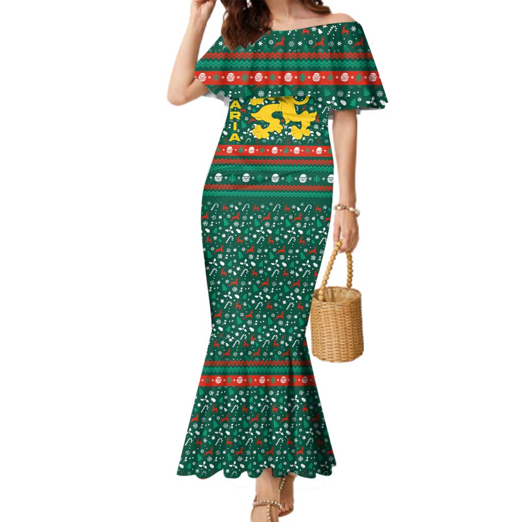 Bulgaria Christmas Family Matching Mermaid Dress and Hawaiian Shirt with Green-Red Theme, Golden Lion, and Santa Sleigh Motif - Wonder Print Shop