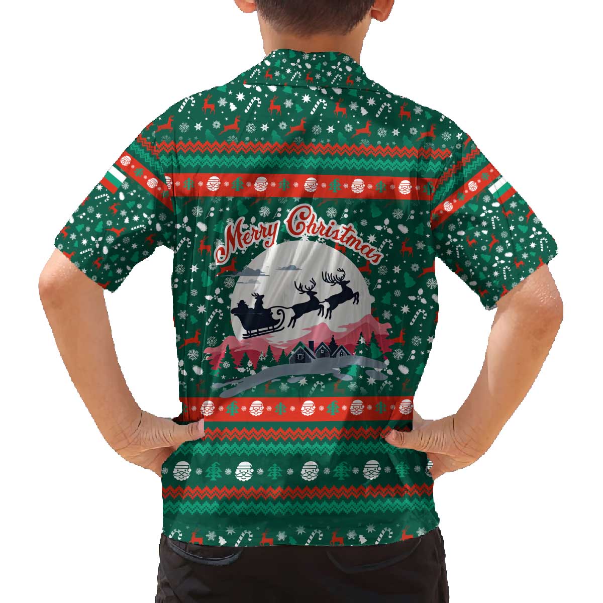 Bulgaria Christmas Family Matching Off The Shoulder Long Sleeve Dress and Hawaiian Shirt with Green-Red Theme, Golden Lion, and Santa Sleigh Motif - Wonder Print Shop