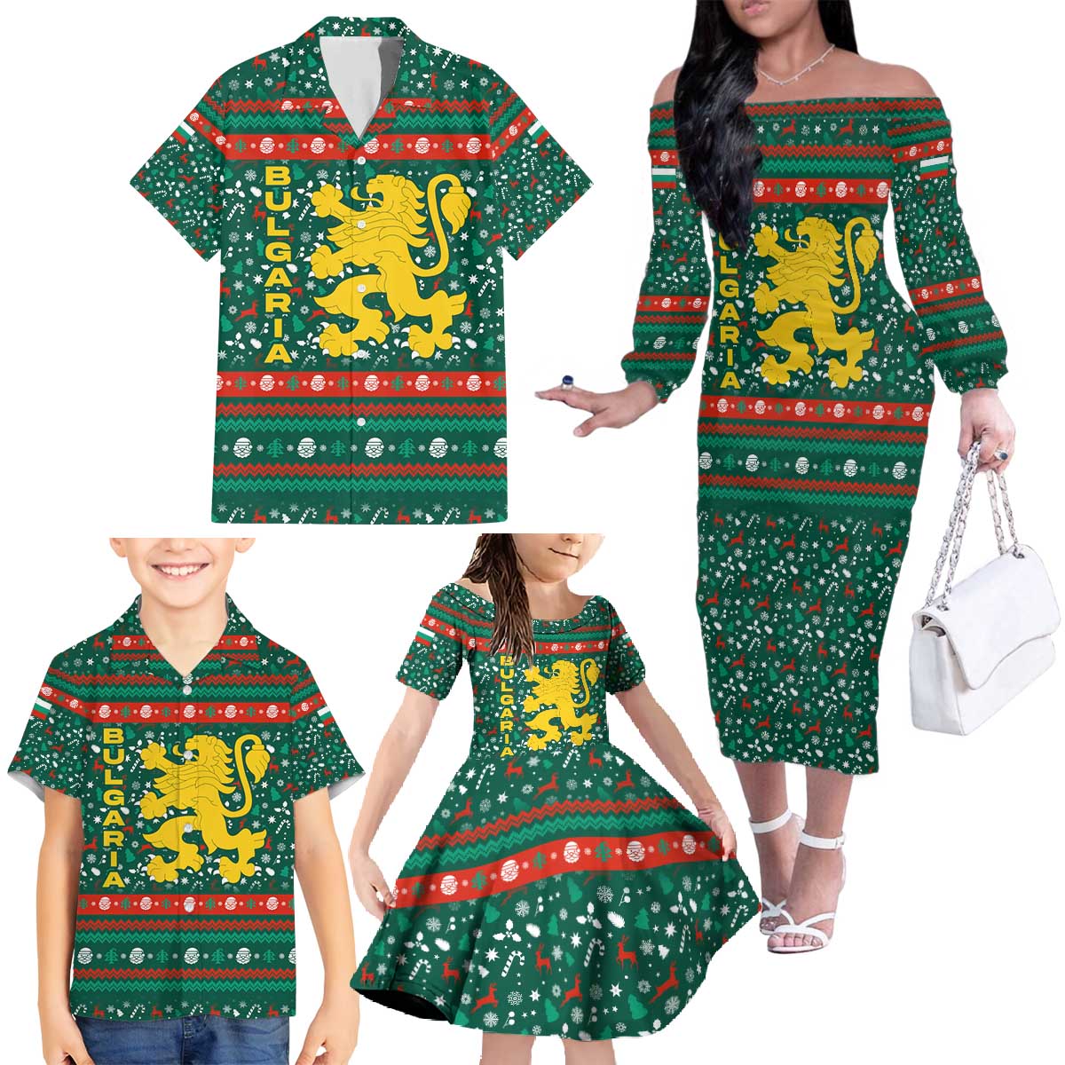 Bulgaria Christmas Family Matching Off The Shoulder Long Sleeve Dress and Hawaiian Shirt with Green-Red Theme, Golden Lion, and Santa Sleigh Motif - Wonder Print Shop