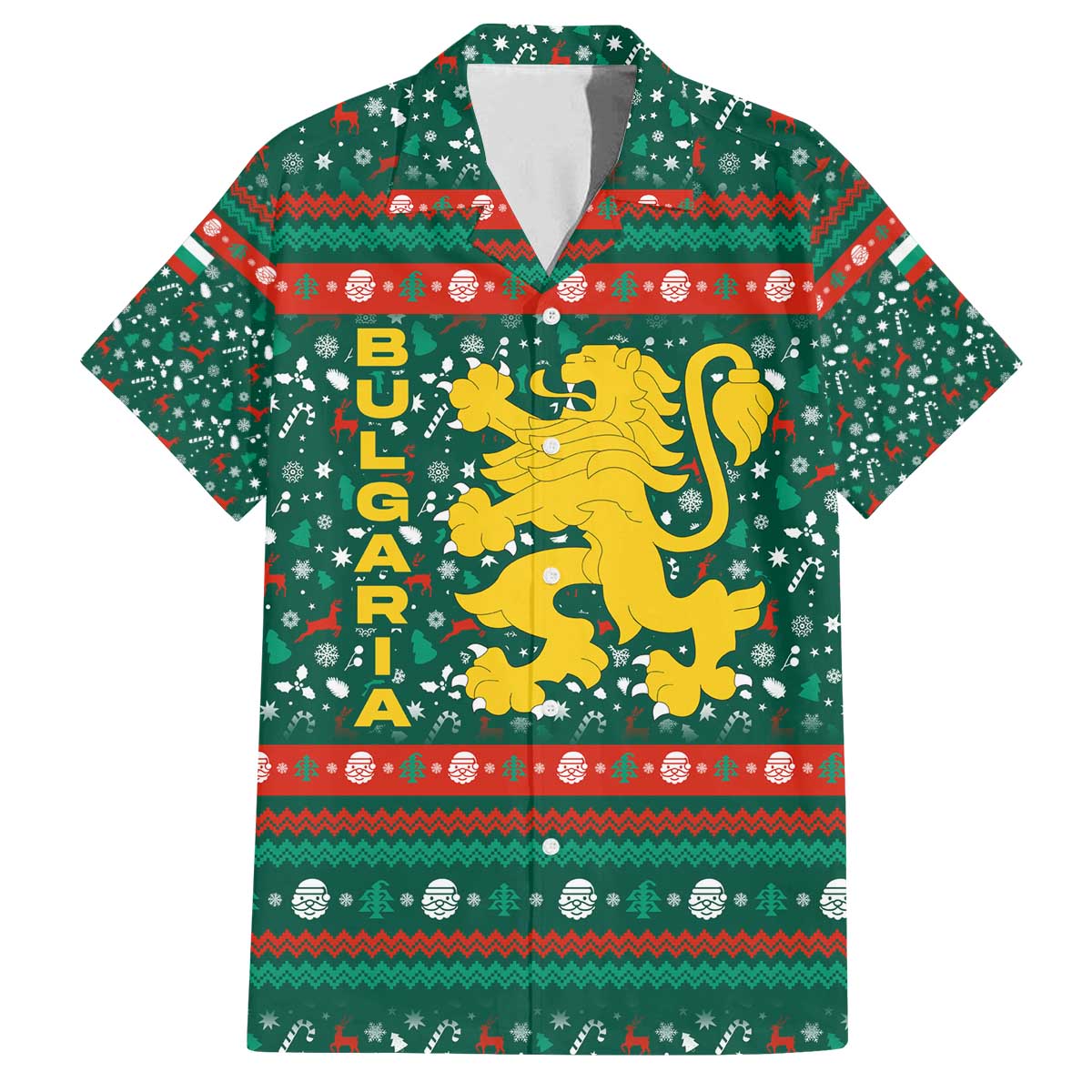 Bulgaria Christmas Family Matching Off The Shoulder Long Sleeve Dress and Hawaiian Shirt with Green-Red Theme, Golden Lion, and Santa Sleigh Motif - Wonder Print Shop