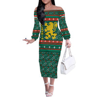 Bulgaria Christmas Family Matching Off The Shoulder Long Sleeve Dress and Hawaiian Shirt with Green-Red Theme, Golden Lion, and Santa Sleigh Motif - Wonder Print Shop