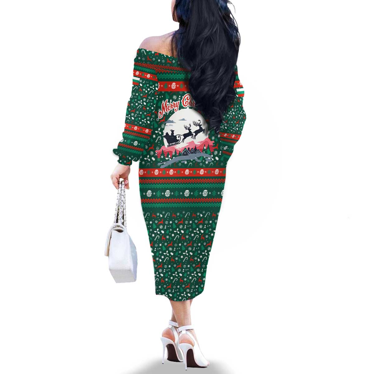Bulgaria Christmas Family Matching Off The Shoulder Long Sleeve Dress and Hawaiian Shirt with Green-Red Theme, Golden Lion, and Santa Sleigh Motif - Wonder Print Shop