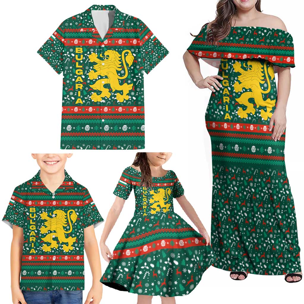 Bulgaria Christmas Family Matching Off Shoulder Maxi Dress and Hawaiian Shirt with Green-Red Theme, Golden Lion, and Santa Sleigh Motif - Wonder Print Shop
