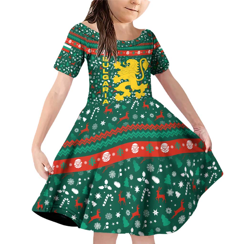 Bulgaria Christmas Family Matching Off Shoulder Short Dress and Hawaiian Shirt with Green-Red Theme, Golden Lion, and Santa Sleigh Motif - Wonder Print Shop