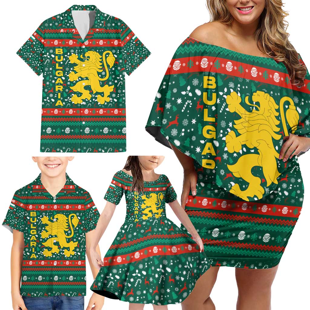 Bulgaria Christmas Family Matching Off Shoulder Short Dress and Hawaiian Shirt with Green-Red Theme, Golden Lion, and Santa Sleigh Motif - Wonder Print Shop