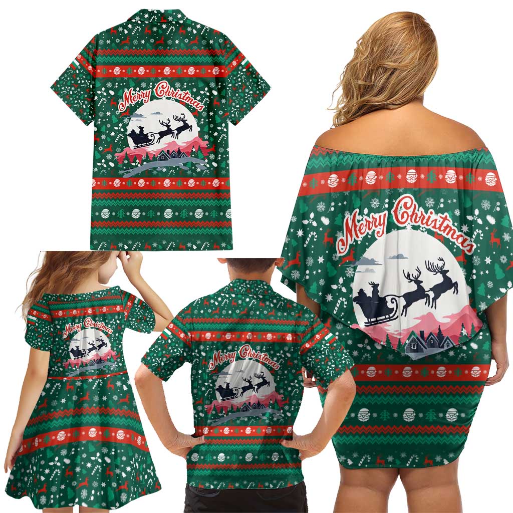 Bulgaria Christmas Family Matching Off Shoulder Short Dress and Hawaiian Shirt with Green-Red Theme, Golden Lion, and Santa Sleigh Motif - Wonder Print Shop