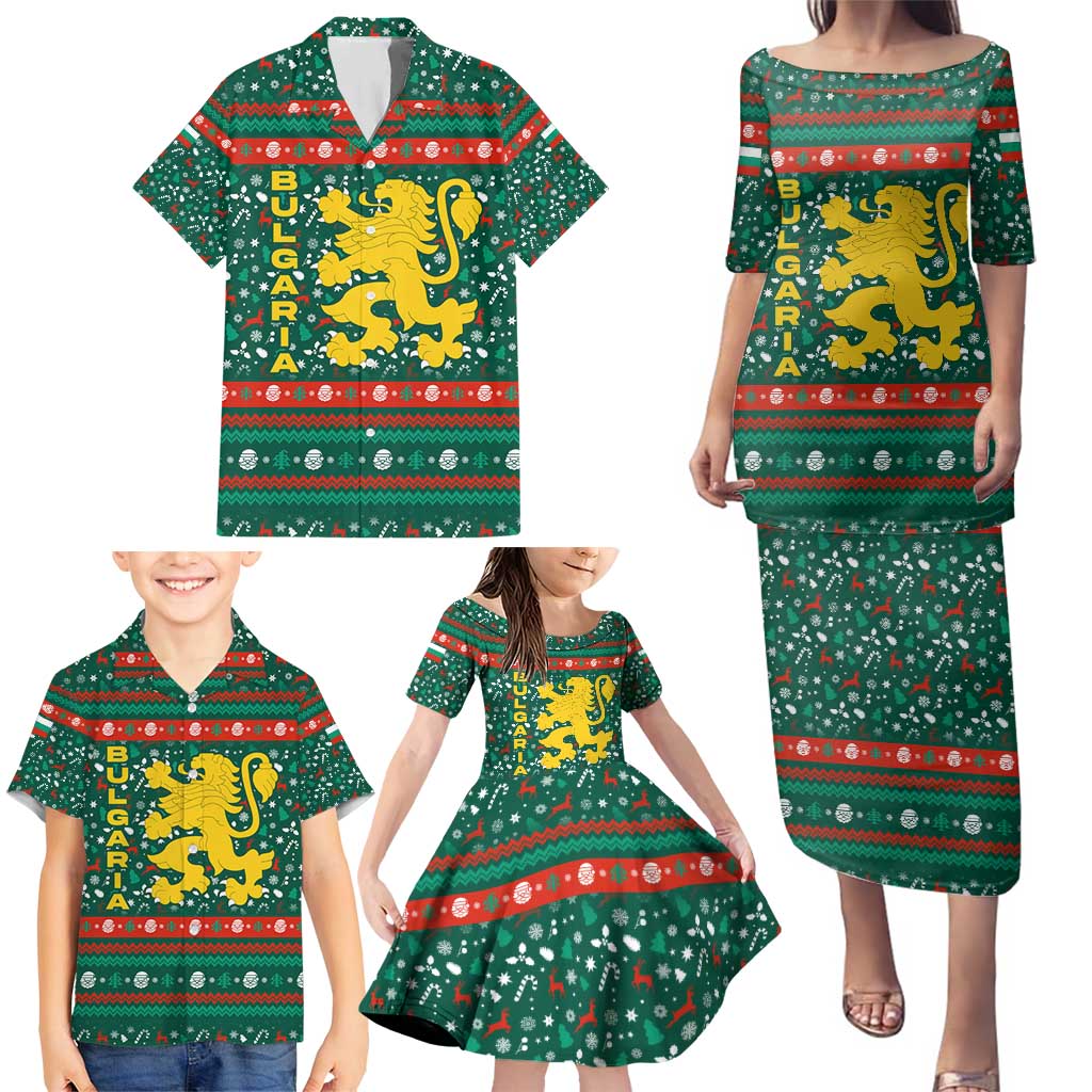 Bulgaria Christmas Family Matching Puletasi and Hawaiian Shirt with Green-Red Theme, Golden Lion, and Santa Sleigh Motif - Wonder Print Shop