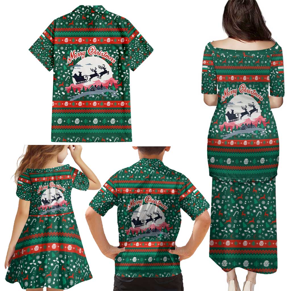Bulgaria Christmas Family Matching Puletasi and Hawaiian Shirt with Green-Red Theme, Golden Lion, and Santa Sleigh Motif - Wonder Print Shop