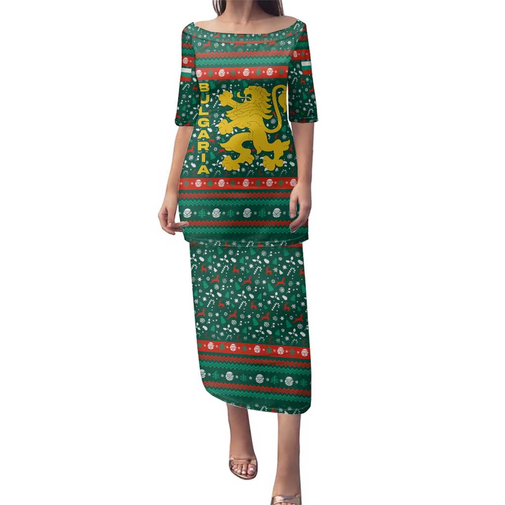 Bulgaria Christmas Family Matching Puletasi and Hawaiian Shirt with Green-Red Theme, Golden Lion, and Santa Sleigh Motif - Wonder Print Shop