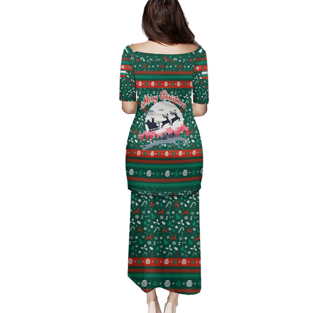 Bulgaria Christmas Family Matching Puletasi and Hawaiian Shirt with Green-Red Theme, Golden Lion, and Santa Sleigh Motif - Wonder Print Shop