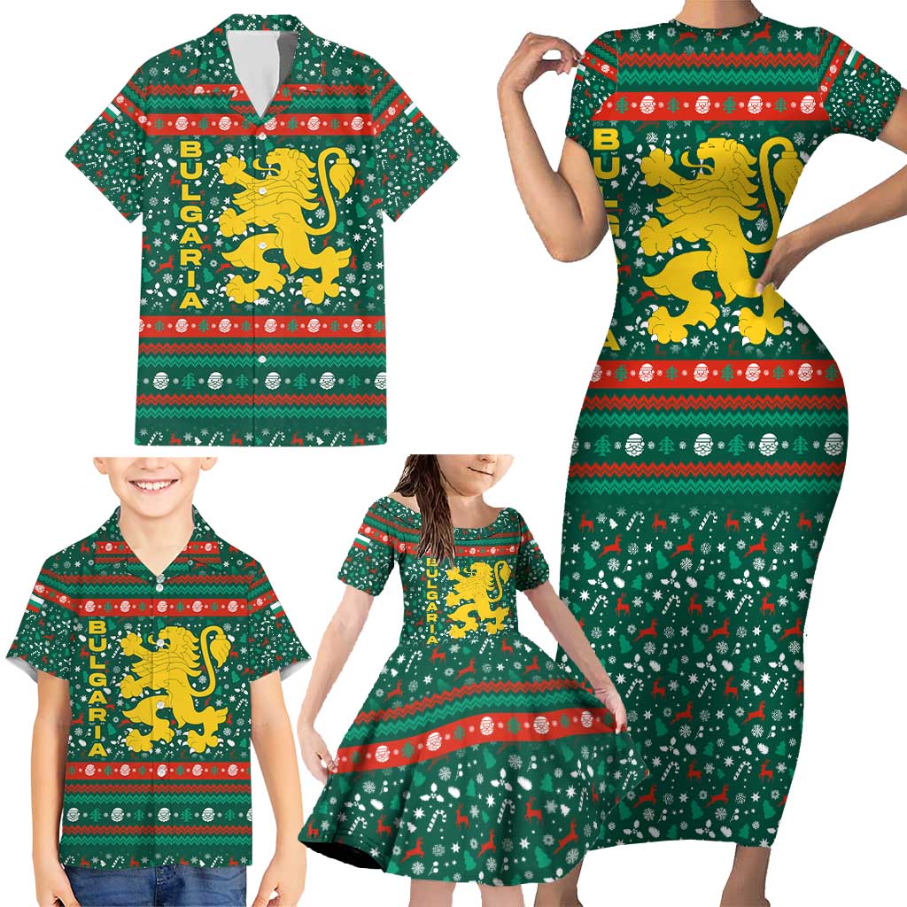 Bulgaria Christmas Family Matching Short Sleeve Bodycon Dress and Hawaiian Shirt with Green-Red Theme, Golden Lion, and Santa Sleigh Motif - Wonder Print Shop