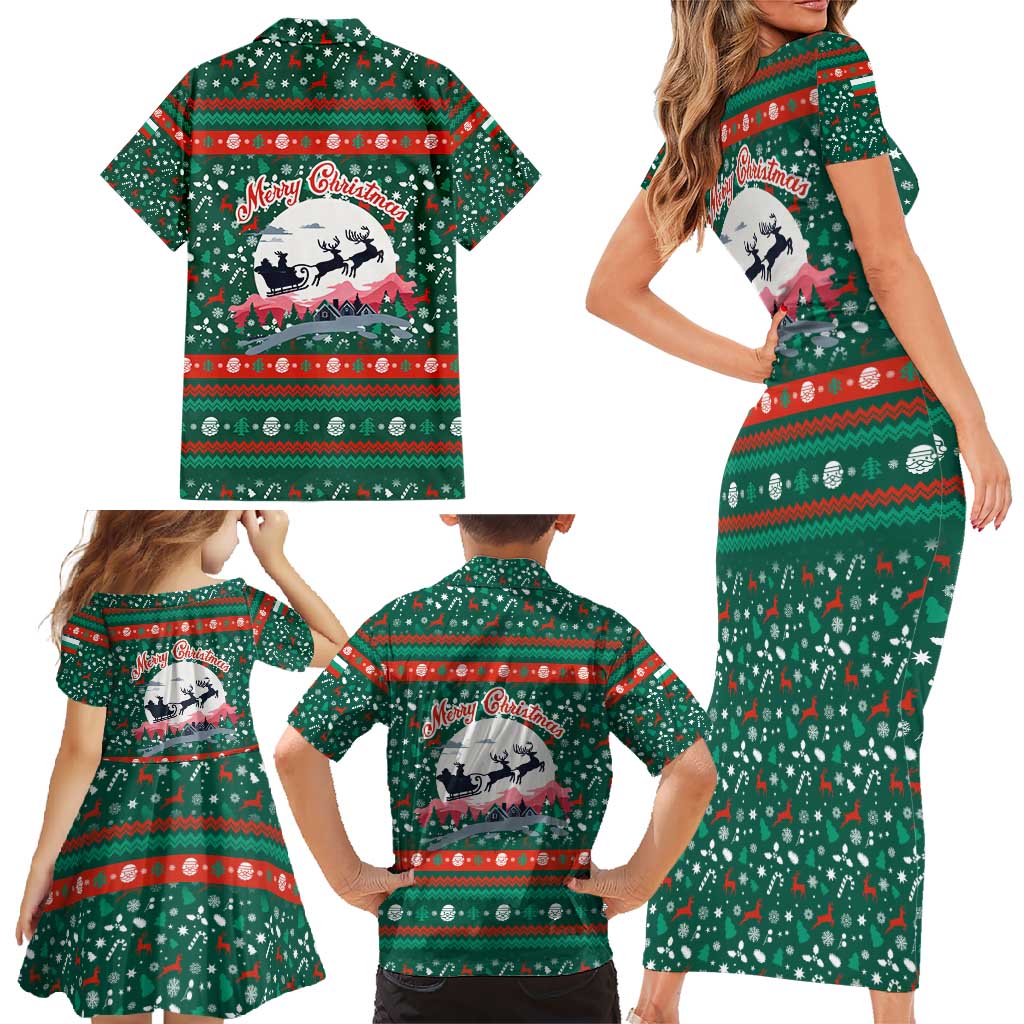 Bulgaria Christmas Family Matching Short Sleeve Bodycon Dress and Hawaiian Shirt with Green-Red Theme, Golden Lion, and Santa Sleigh Motif - Wonder Print Shop