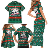 Bulgaria Christmas Family Matching Short Sleeve Bodycon Dress and Hawaiian Shirt with Green-Red Theme, Golden Lion, and Santa Sleigh Motif - Wonder Print Shop