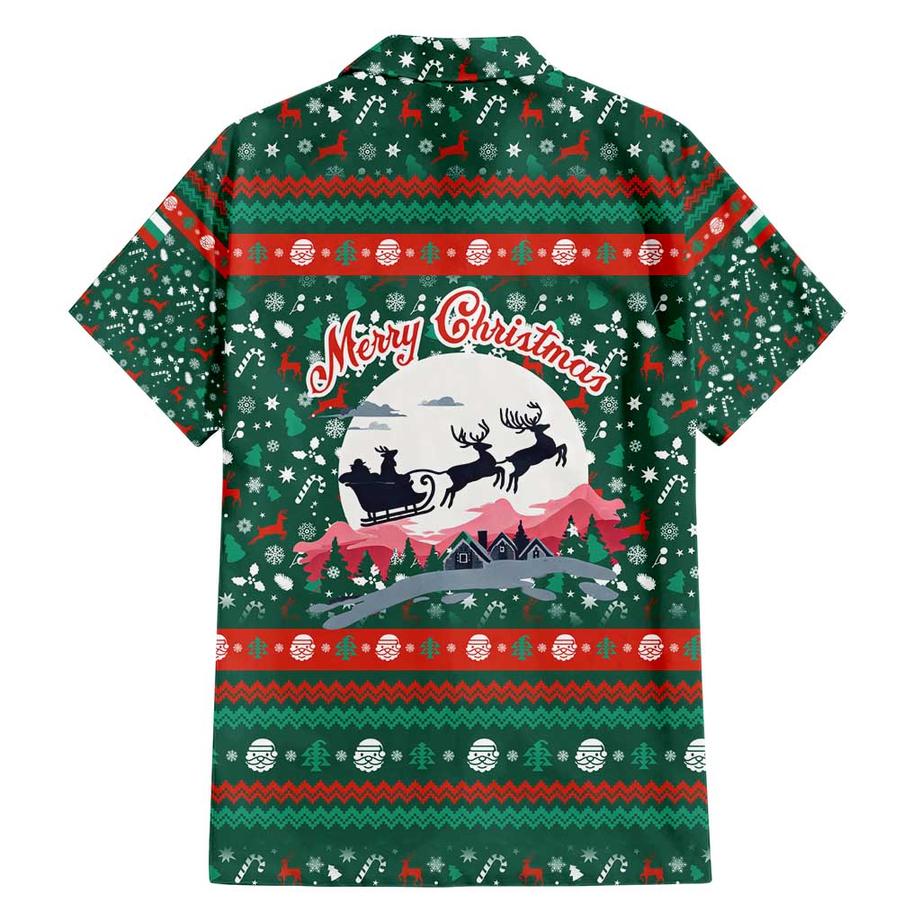 Bulgaria Christmas Family Matching Short Sleeve Bodycon Dress and Hawaiian Shirt with Green-Red Theme, Golden Lion, and Santa Sleigh Motif - Wonder Print Shop