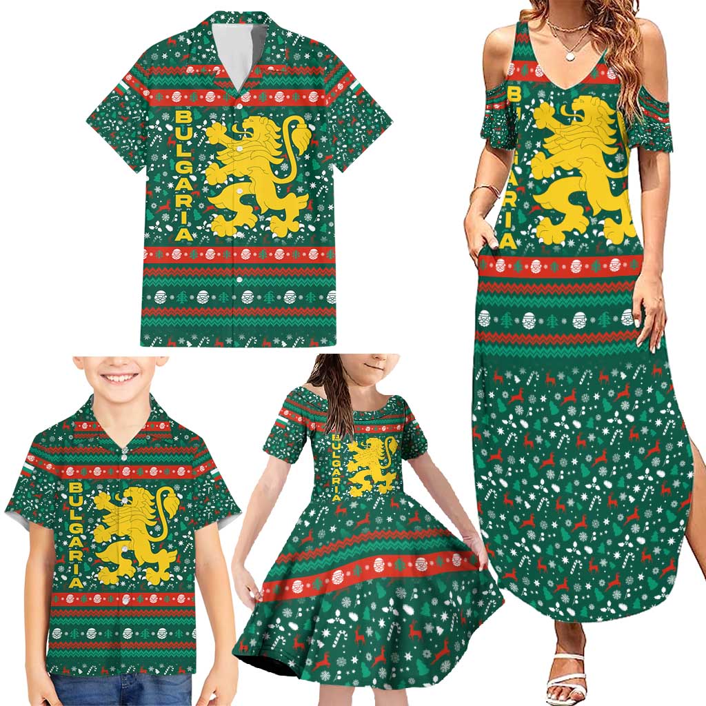 Bulgaria Christmas Family Matching Summer Maxi Dress and Hawaiian Shirt with Green-Red Theme, Golden Lion, and Santa Sleigh Motif - Wonder Print Shop