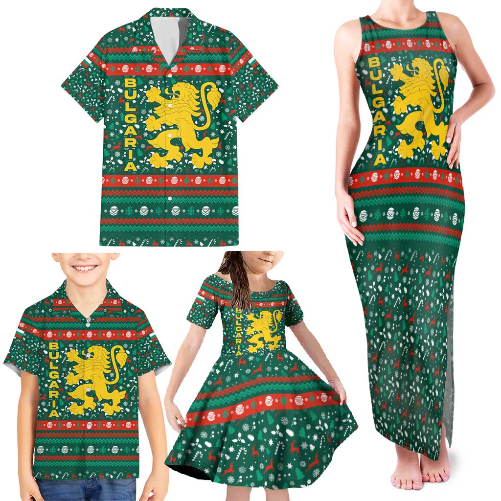 Bulgaria Christmas Family Matching Tank Maxi Dress and Hawaiian Shirt with Green-Red Theme, Golden Lion, and Santa Sleigh Motif - Wonder Print Shop