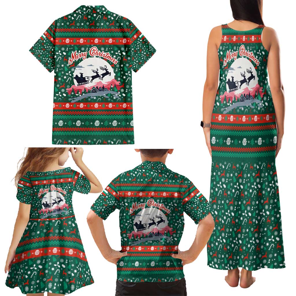 Bulgaria Christmas Family Matching Tank Maxi Dress and Hawaiian Shirt with Green-Red Theme, Golden Lion, and Santa Sleigh Motif - Wonder Print Shop