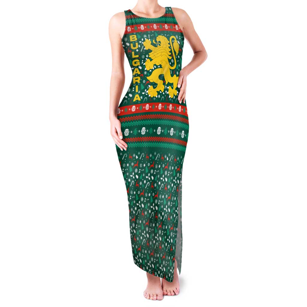 Bulgaria Christmas Family Matching Tank Maxi Dress and Hawaiian Shirt with Green-Red Theme, Golden Lion, and Santa Sleigh Motif - Wonder Print Shop