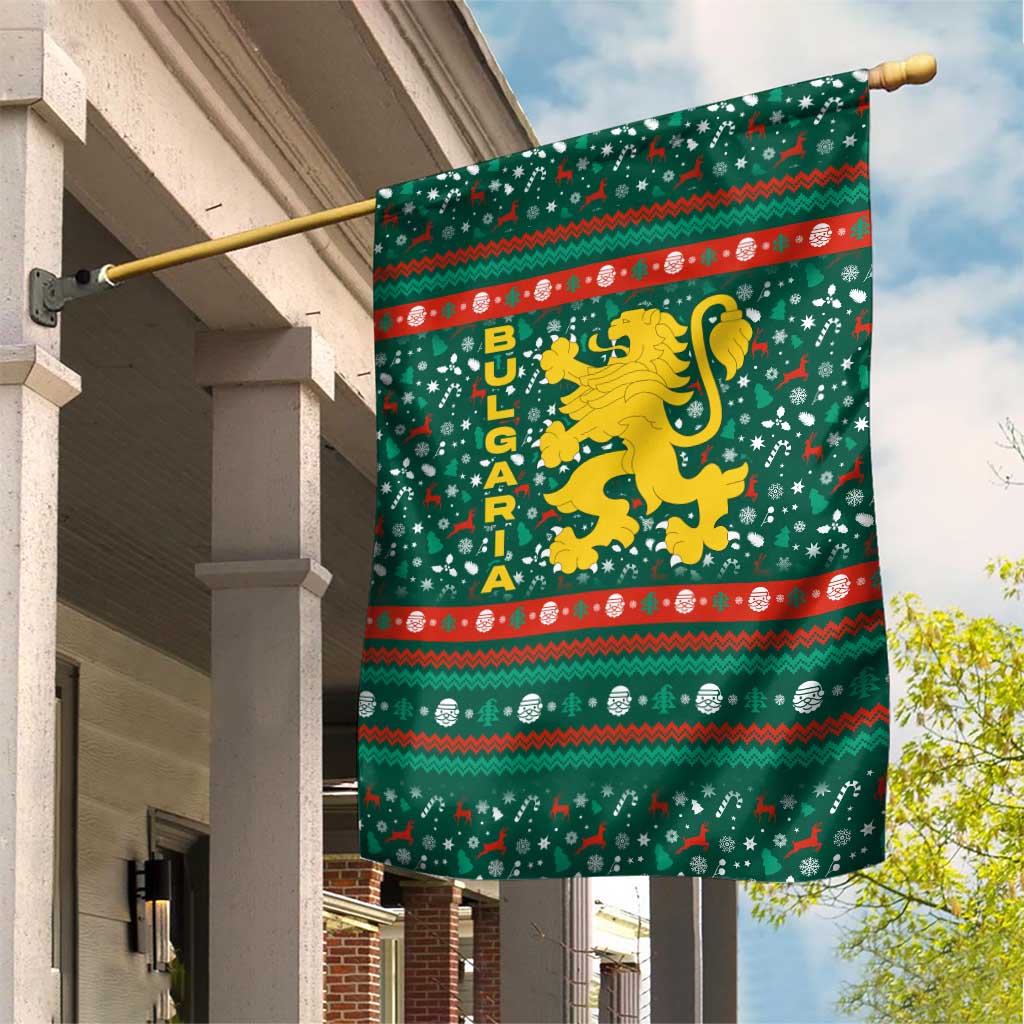 Bulgaria Christmas Garden Flag with Green-Red Theme, Golden Lion, and Santa Sleigh Motif - Wonder Print Shop
