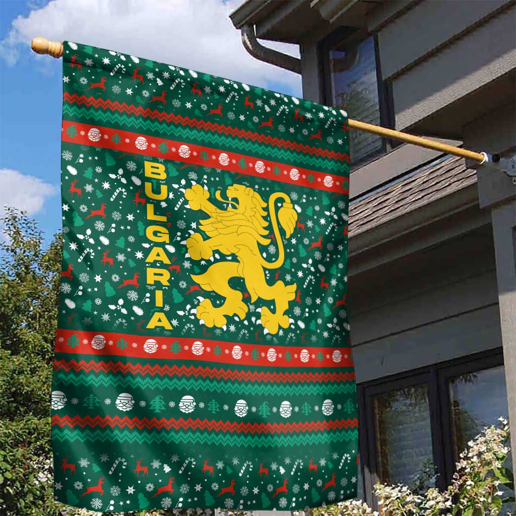 Bulgaria Christmas Garden Flag with Green-Red Theme, Golden Lion, and Santa Sleigh Motif - Wonder Print Shop