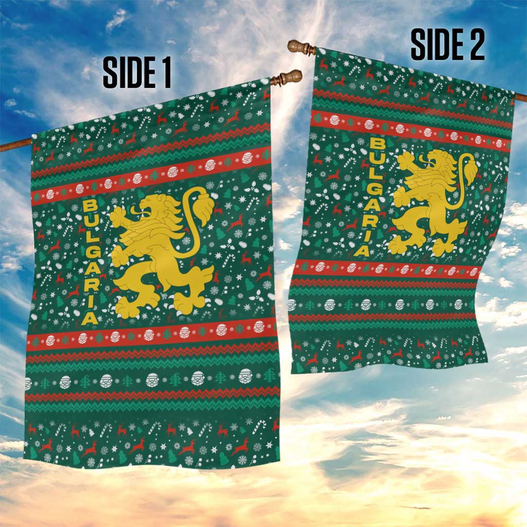 Bulgaria Christmas Garden Flag with Green-Red Theme, Golden Lion, and Santa Sleigh Motif - Wonder Print Shop
