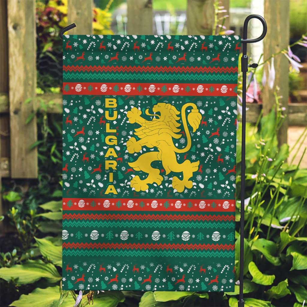 Bulgaria Christmas Garden Flag with Green-Red Theme, Golden Lion, and Santa Sleigh Motif - Wonder Print Shop