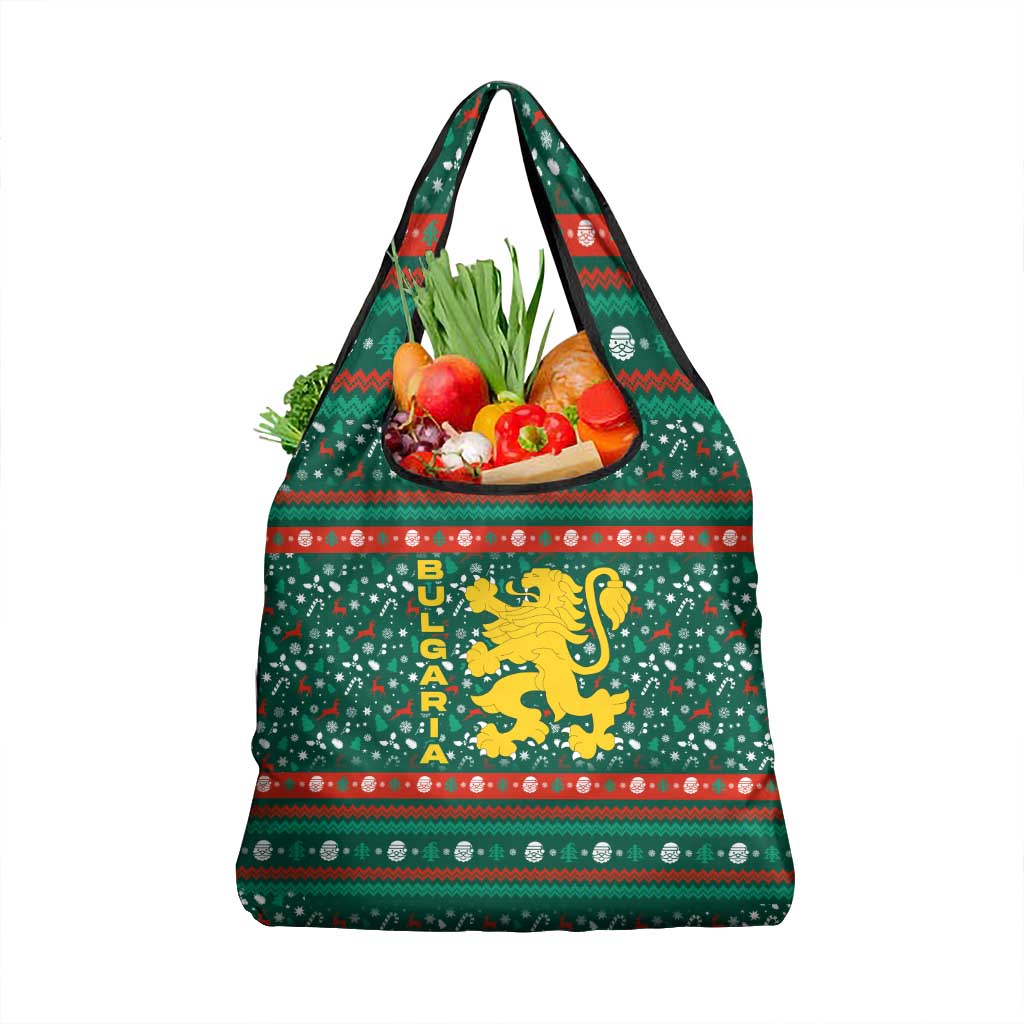 Bulgaria Christmas Grocery Bag with Green-Red Theme, Golden Lion, and Santa Sleigh Motif - Wonder Print Shop