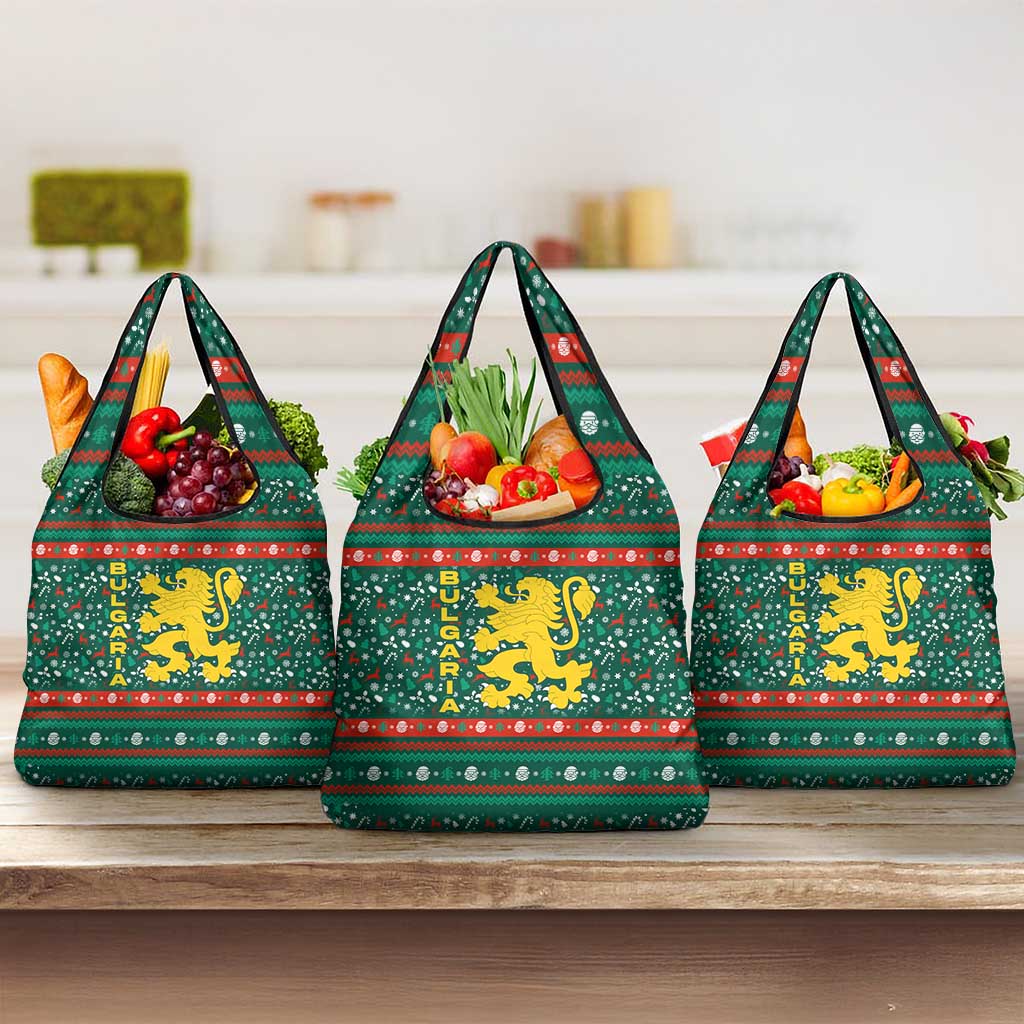Bulgaria Christmas Grocery Bag with Green-Red Theme, Golden Lion, and Santa Sleigh Motif - Wonder Print Shop