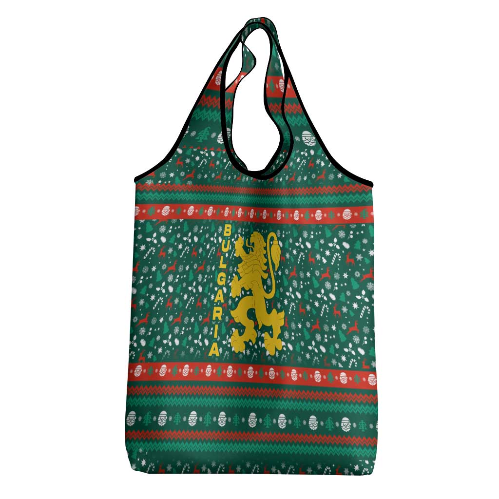Bulgaria Christmas Grocery Bag with Green-Red Theme, Golden Lion, and Santa Sleigh Motif - Wonder Print Shop