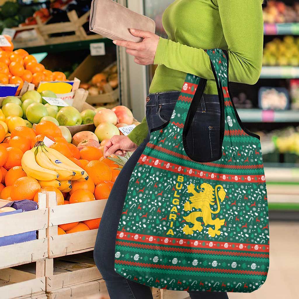 Bulgaria Christmas Grocery Bag with Green-Red Theme, Golden Lion, and Santa Sleigh Motif - Wonder Print Shop