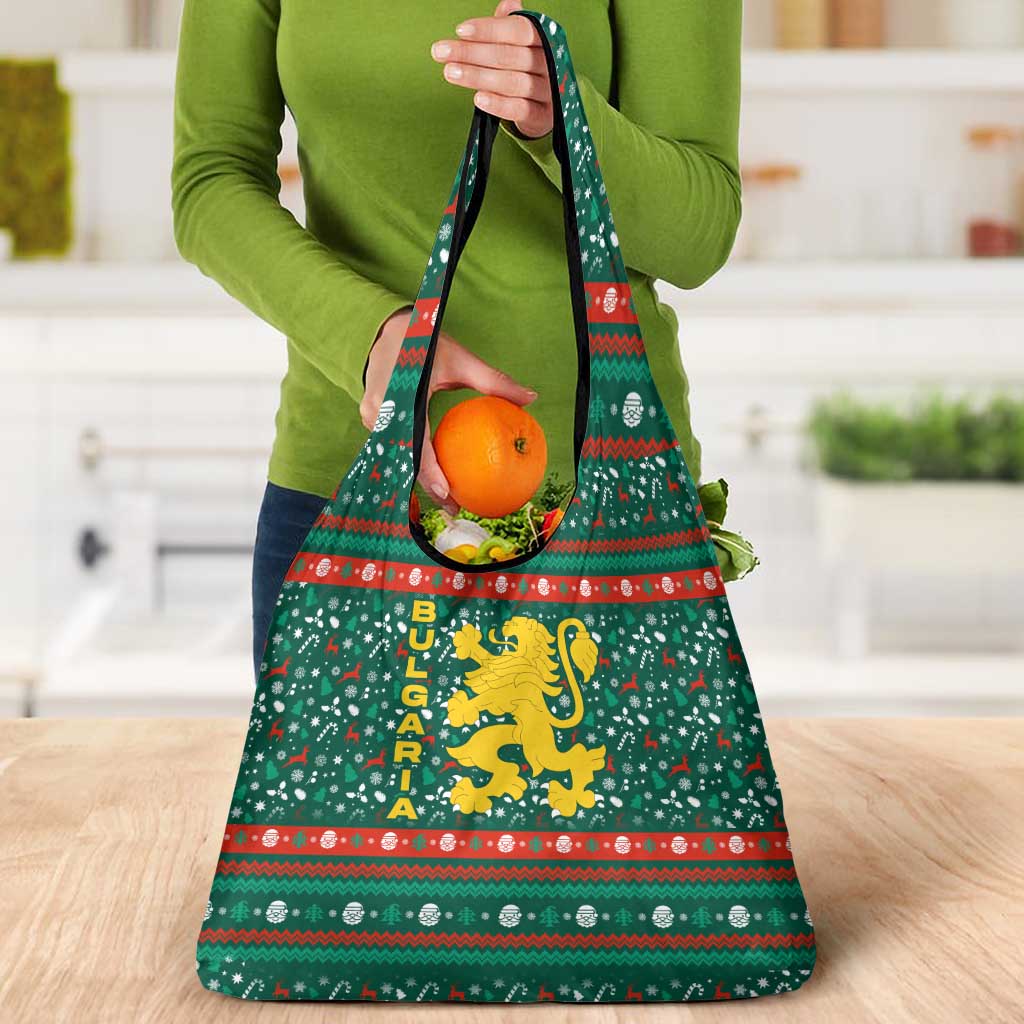 Bulgaria Christmas Grocery Bag with Green-Red Theme, Golden Lion, and Santa Sleigh Motif - Wonder Print Shop