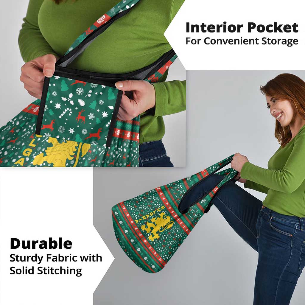 Bulgaria Christmas Grocery Bag with Green-Red Theme, Golden Lion, and Santa Sleigh Motif - Wonder Print Shop