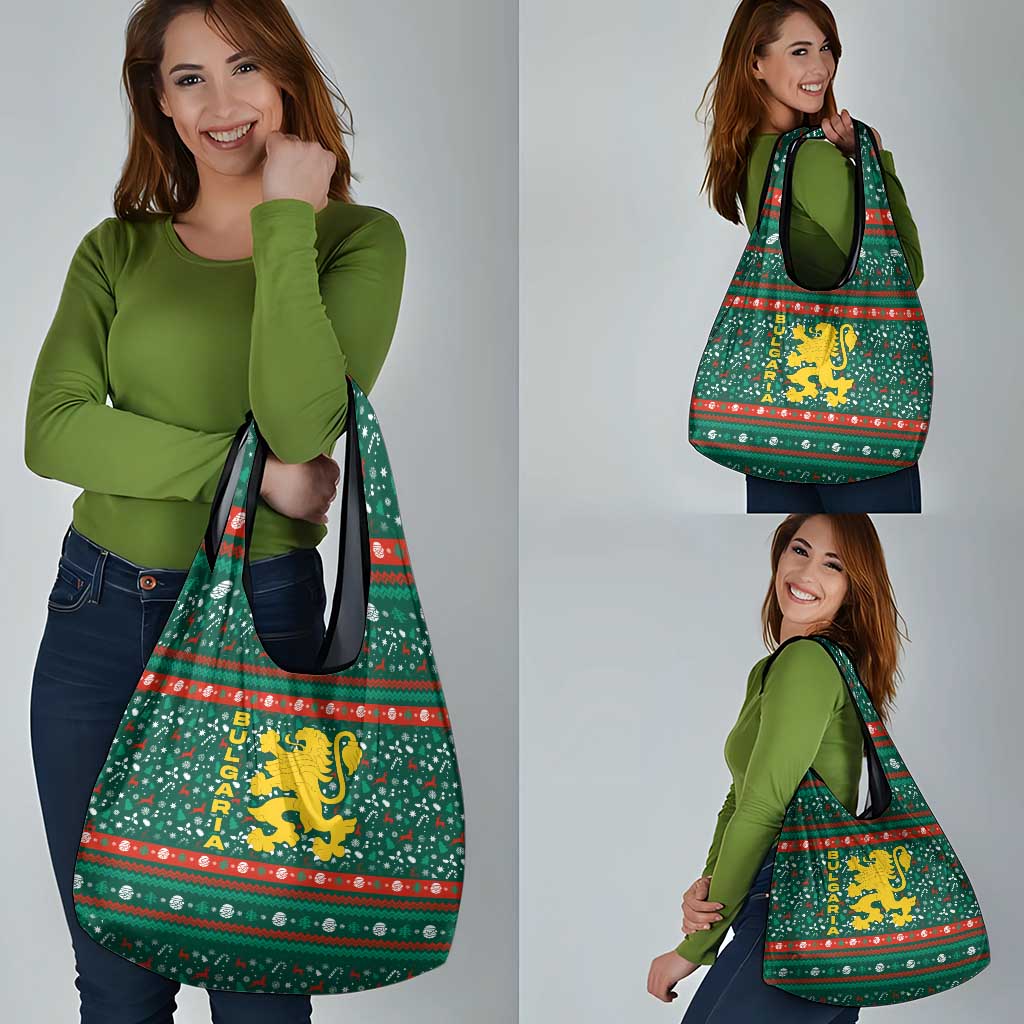 Bulgaria Christmas Grocery Bag with Green-Red Theme, Golden Lion, and Santa Sleigh Motif - Wonder Print Shop