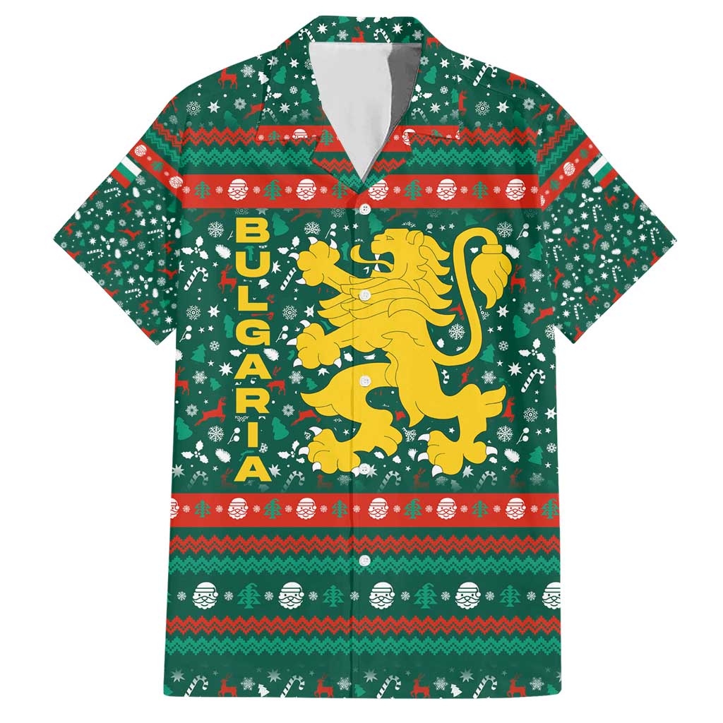 Bulgaria Christmas Hawaiian Shirt with Green-Red Theme, Golden Lion, and Santa Sleigh Motif - Wonder Print Shop