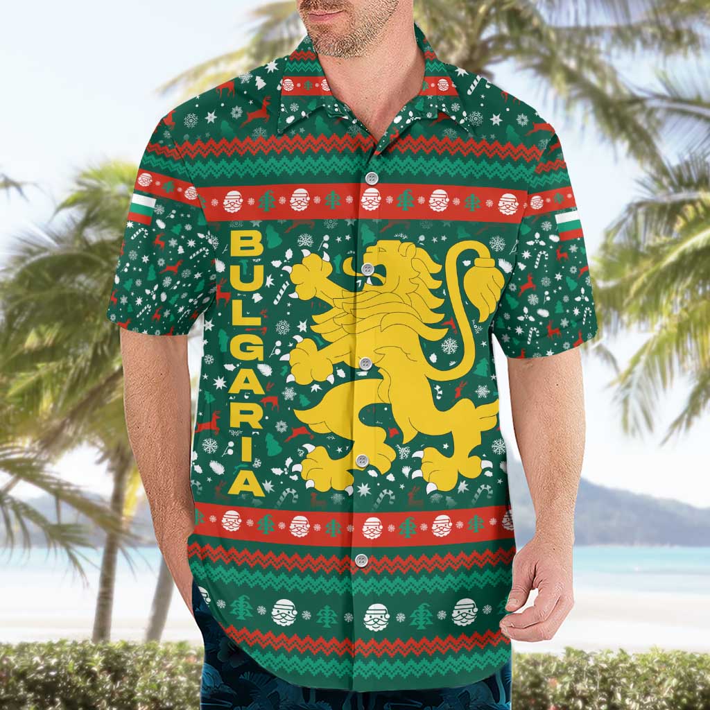 Bulgaria Christmas Hawaiian Shirt with Green-Red Theme, Golden Lion, and Santa Sleigh Motif - Wonder Print Shop